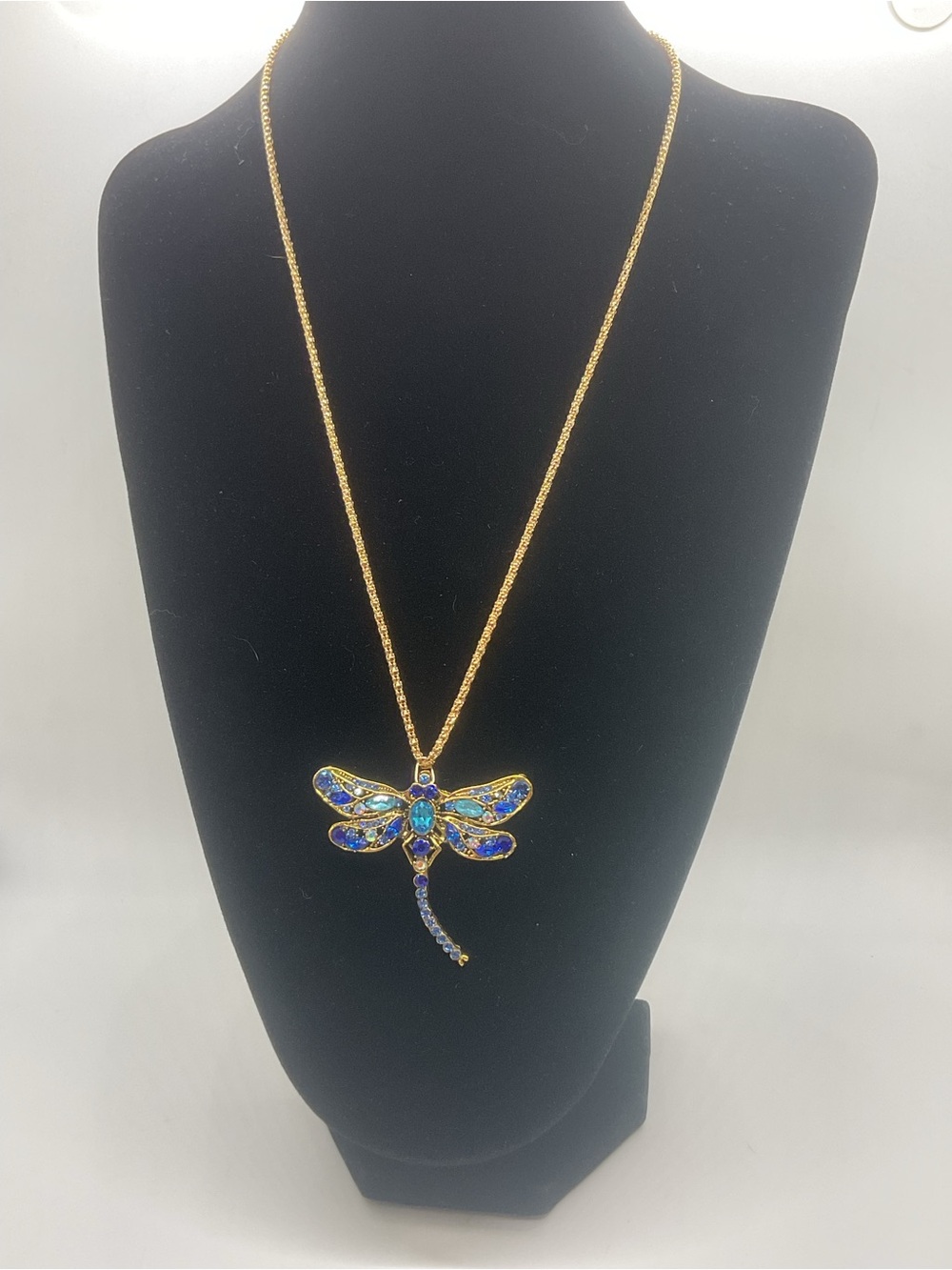 Betsey Johnson Gold Tone Dragonfly Necklace with Blue and Teal Crystals